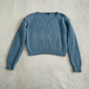 Light Blue Knitted V-neck Fuzzy Sweater by Aster (Size: L)
